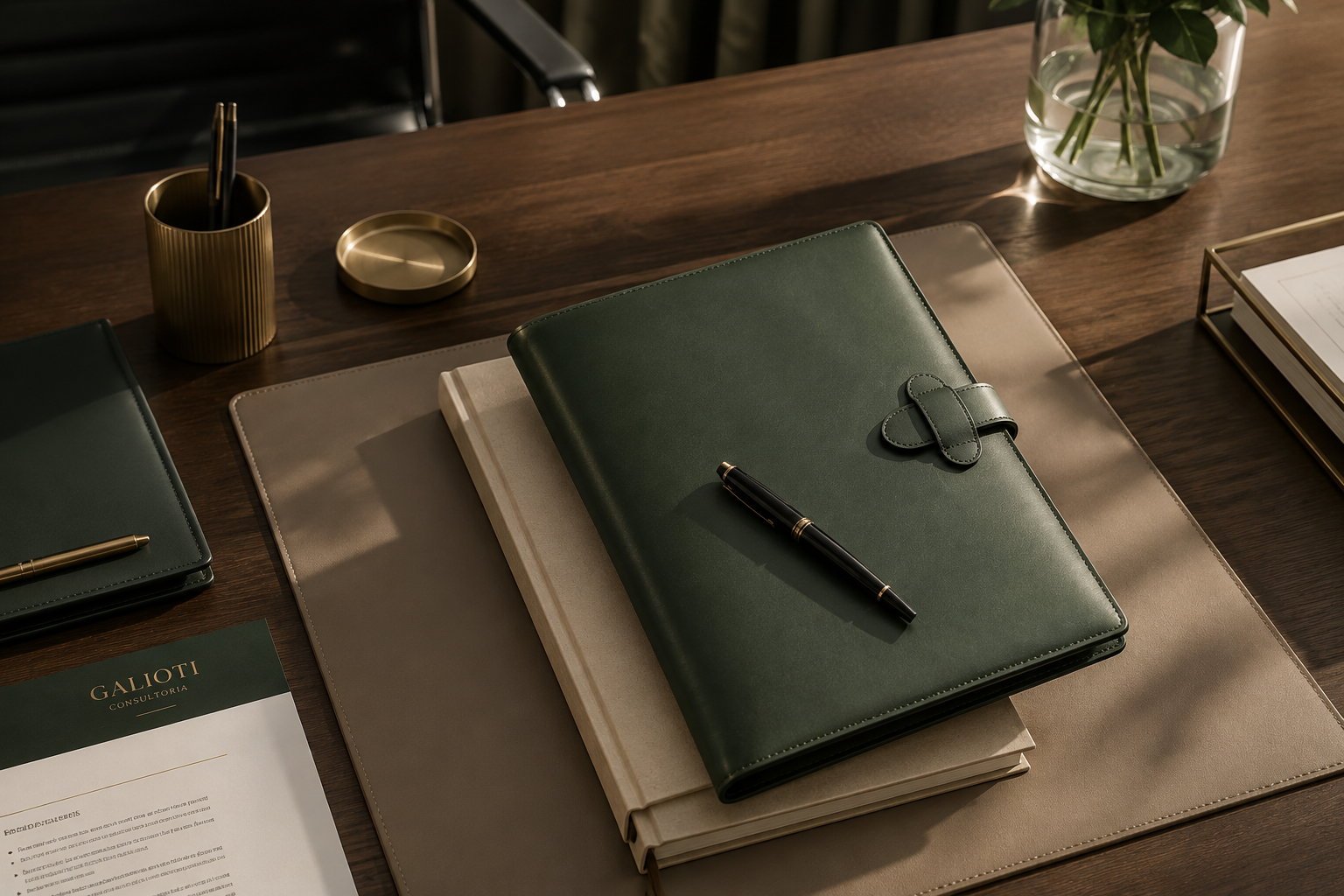 Mesa de escritório organizada com pasta de couro verde, cadernos, caneta dourada e papel timbrado da Galioti Consultoria