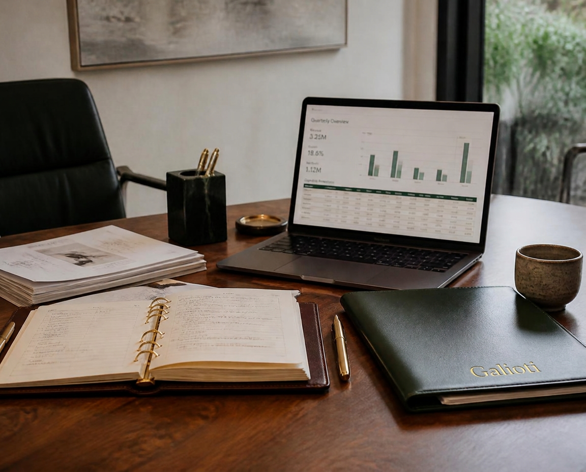 Mesa de trabalho organizada com agenda, documentos, relatórios financeiros no notebook e caneta dourada